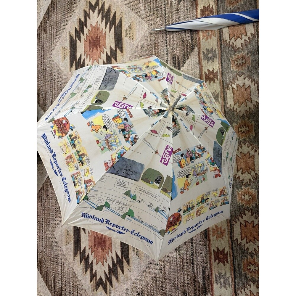 2 Vintage Umbrellas Newspaper Umbrella Cartoon Comic Strip Print Wood Handle
